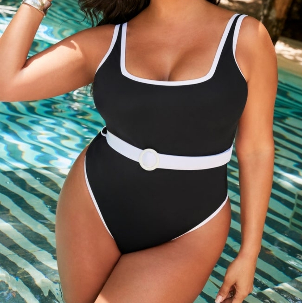 Black and White Belted Swimsuit